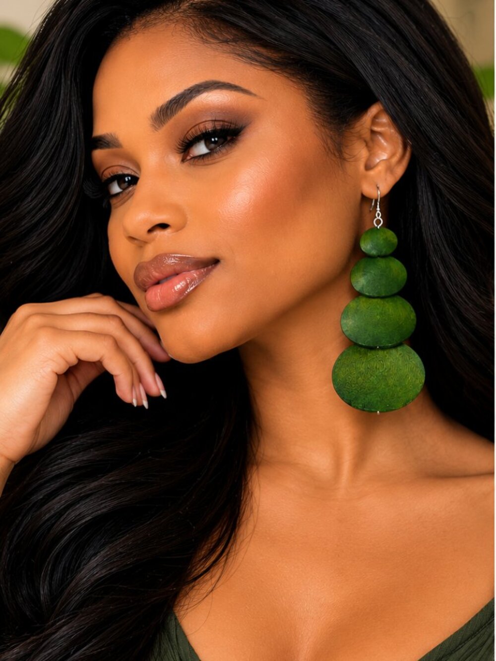 Green Wooden Statement Dangle Earrings For Women